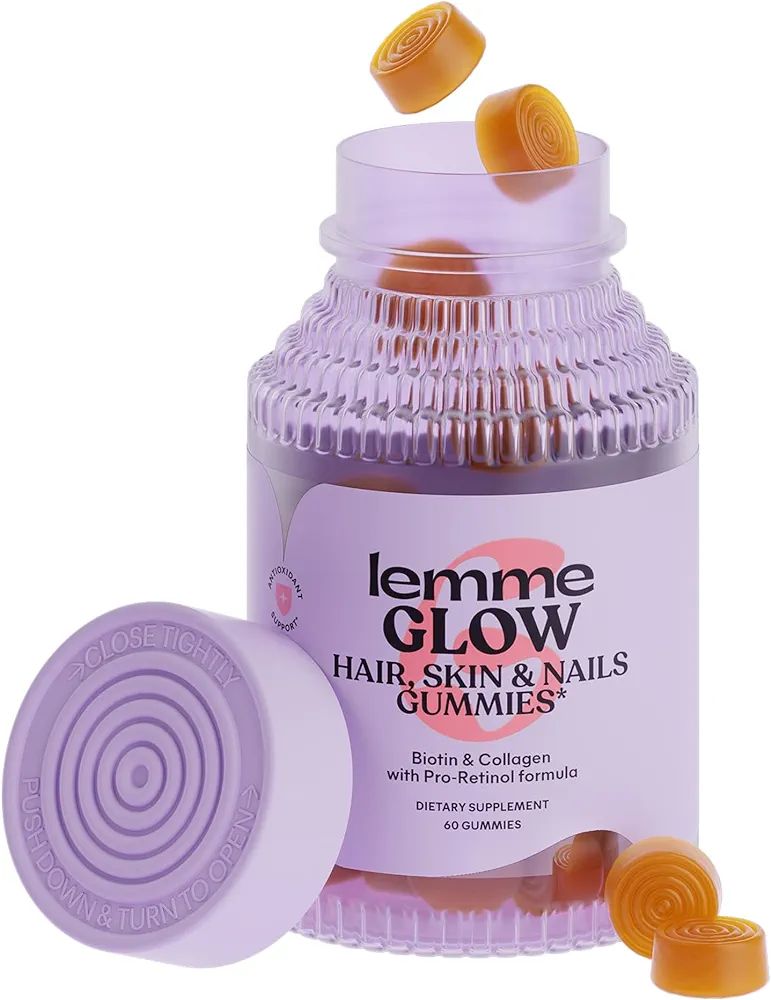 Lemme Glow Hair Skin & Nails Gummies – flacon violet avec gummies dorés