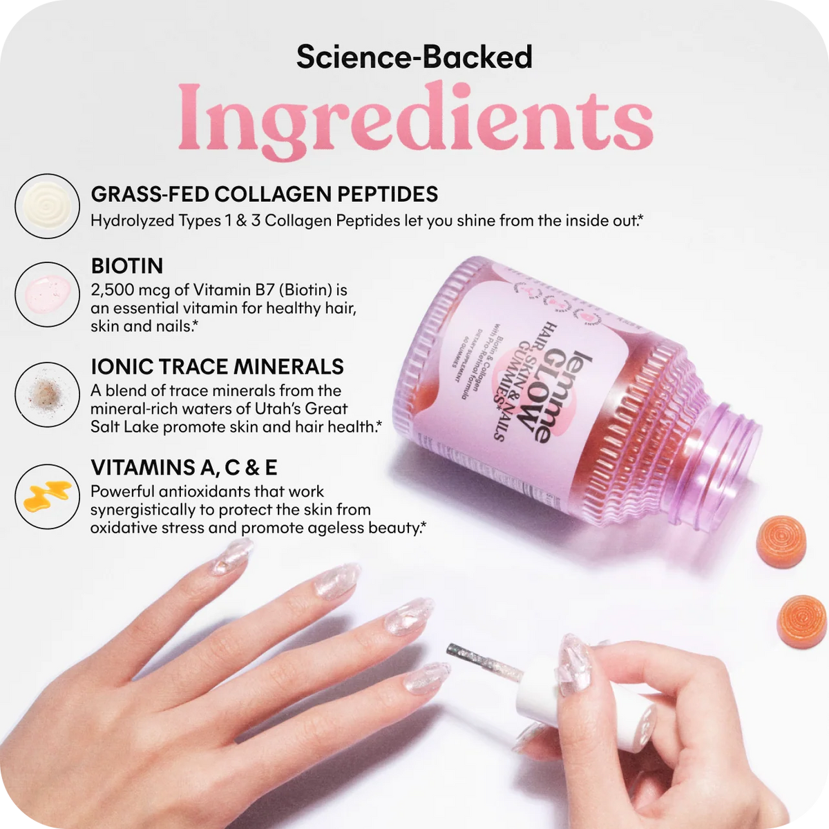 Lemme Glow – Ingrédients scientifiques Collagène, Biotine & Minéraux
