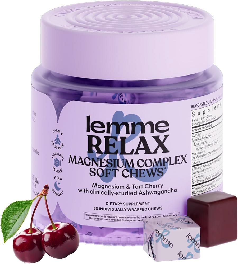 Lemme Relax Magnesium Complex Soft Chews – flacon violet avec cerises et soft chews emballés